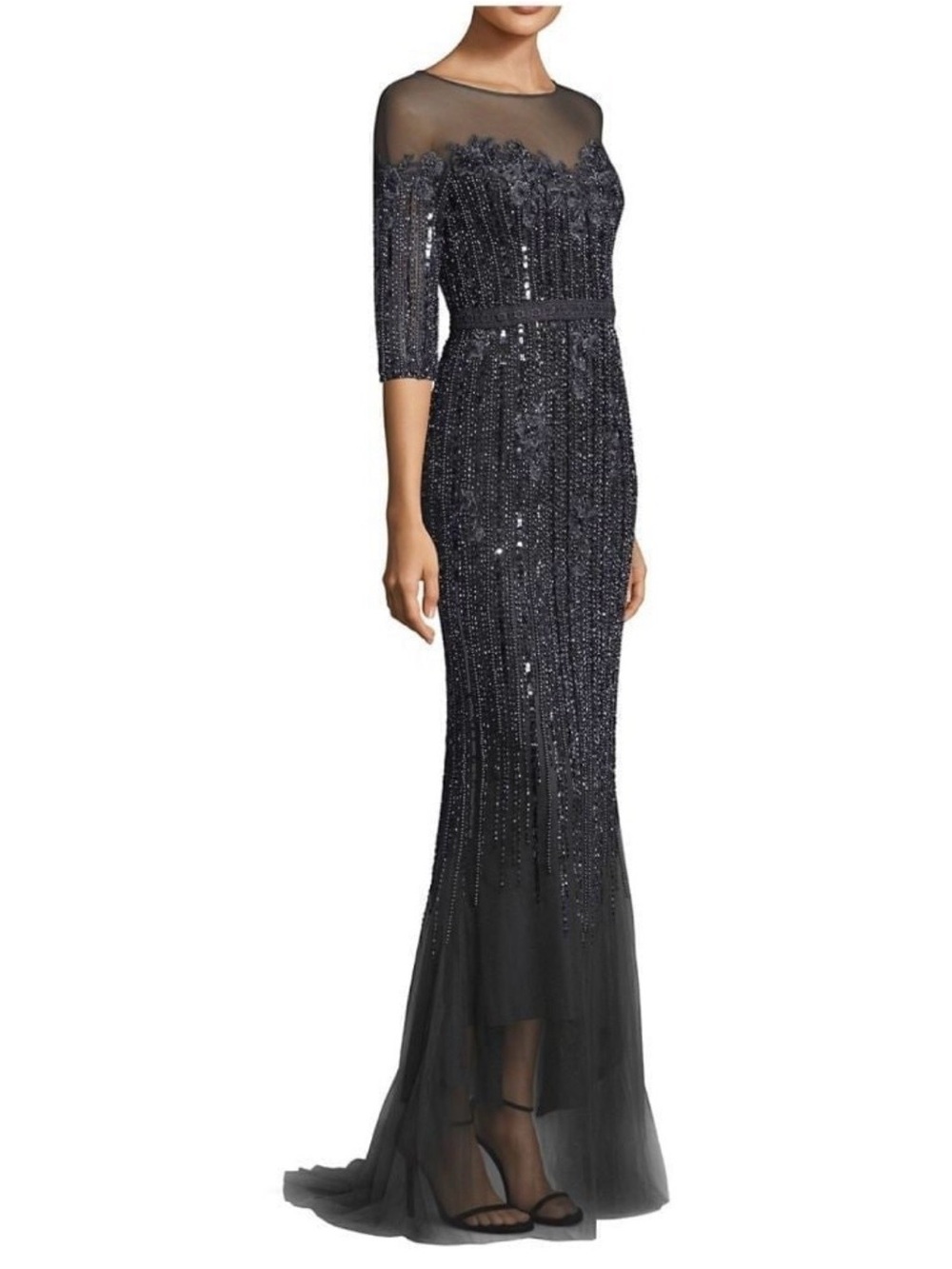 Basix Black Label Charcoal Long Dress Sheer Top Beaded Evening Gown Size 2